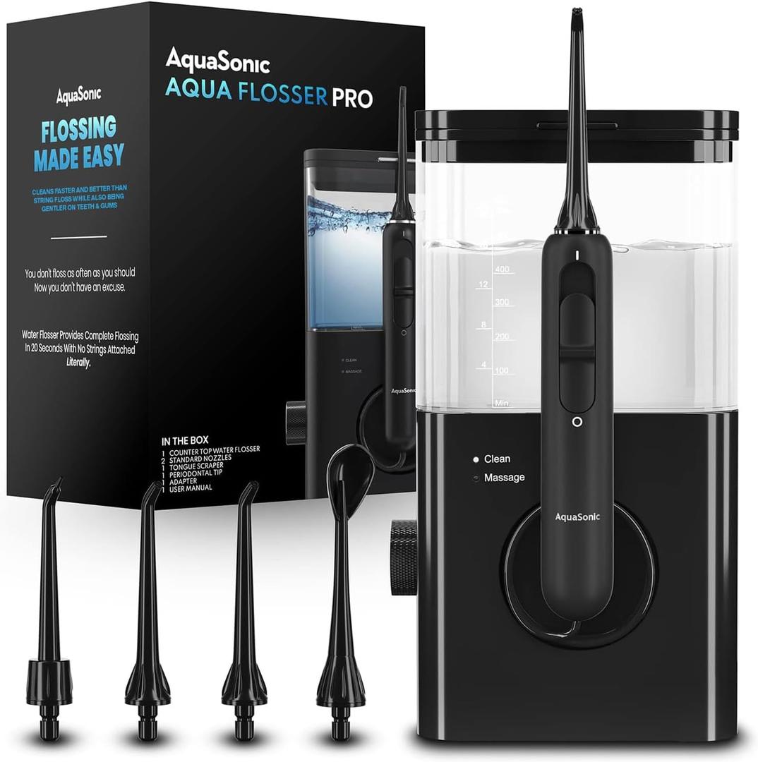 AquaSonic Aqua Flosser PRO | Professional Water Flosser with Large Capacity Reservoir | Oral Irrigator w/ 2 Modes, 10 levels of Water Pressure, 4 Included Tips | Sleek & Compact | Dentist Recommended (Black)