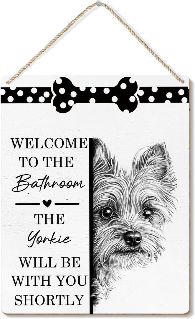 Poecinvi Funny Yorkie Bathroom Signs, Yorkie Gifts for Women, Cute Yorkshire Terrier Dogs Wooden Signs for Home Decor, Funny Yorkshire Terrier Hanging Sign for Bathroom Wall Decor, 8x10 Inch