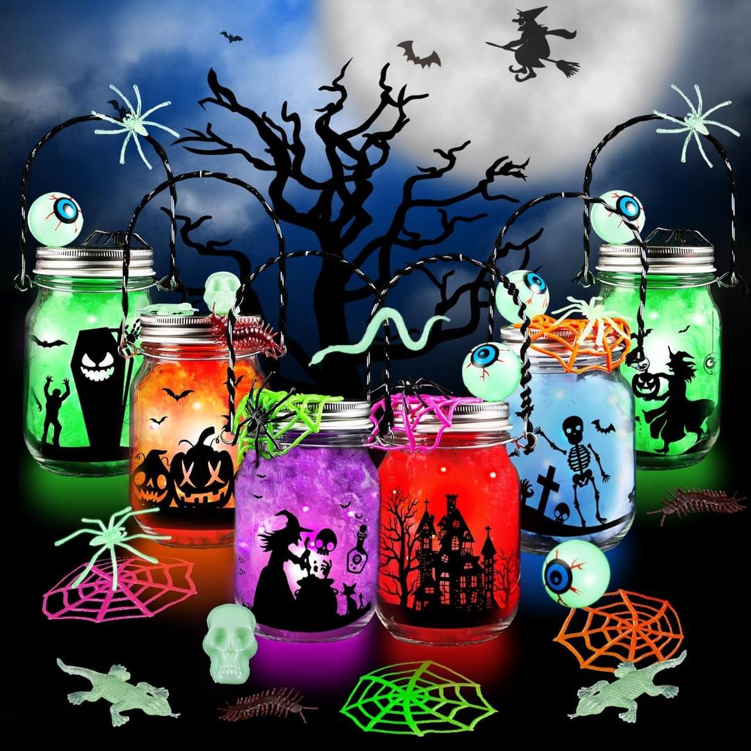 Shemira Halloween Craft Kit - 6pc Glass Mason Jar DIY Lantern Kit, Party Supplies for Kids