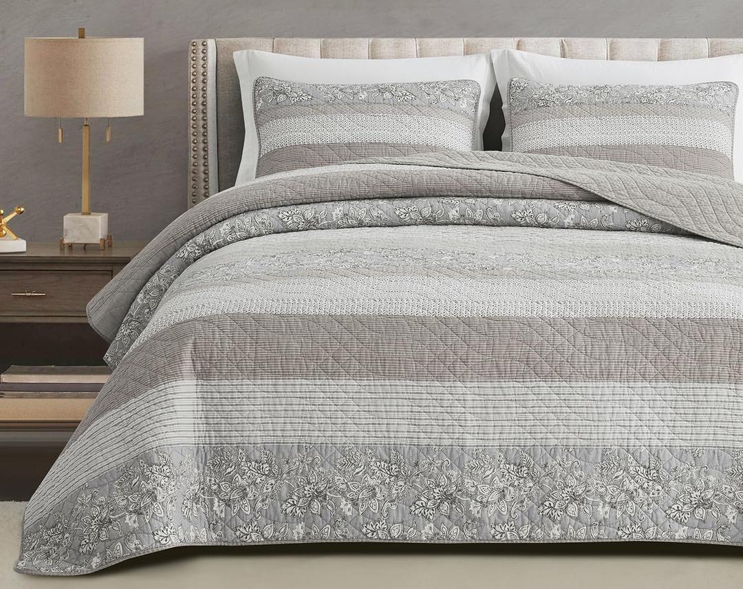 Chezmoi Collection Robyn 3-Piece Neutral Taupe Gray White Floral Hibiscus Flower Patchwork Striped Quilt Set - Pre-Washed Cotton Coverlet - Lightweight Reversible Bedspread, Super King Size