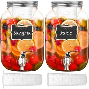 Eleganttime 1 Gallon Glass Drink Dispensers for Parties,2 Pack Beverage Dispenser with Fruit Infuser,Laundry Detergent Dispenser Punch Bowls Water Juice dispensers with Easy Flow Spigot for Outdoor