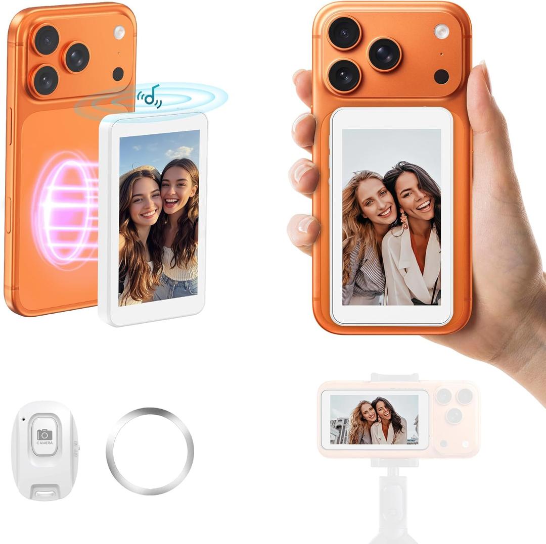 Vlog Selfie Monitor Screen for iPhone 17 Series & Android, Wireless Magnetic Built-in Speaker 4K/1080P Phone Back Camera Monitor with Remote Control for Live Stream TikTok (White)