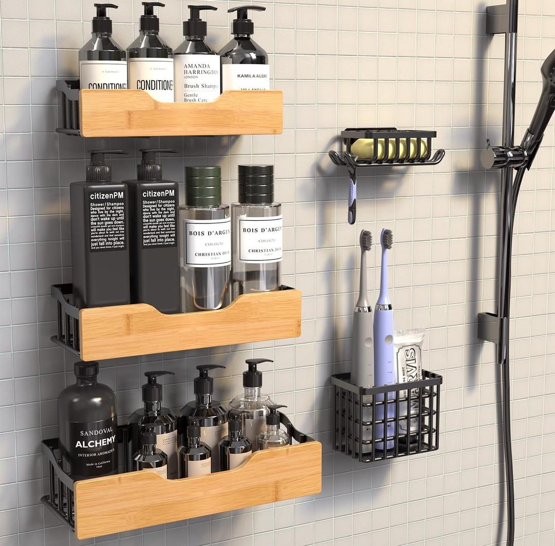 5-Pack Stainless Steel Shower Caddy, No Drill Adhesive Hanging Shelves with Soap Holder, Bathroom Organizers and Storage, Large Capacity Rack for Inside Shower/Kitchen, House Warming Gifts New Home (5-piece set)