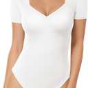 MANGOPOP Sweetheart V Neck Bodysuits for Women Long Short Sleeve Body Suits Tops Shirt (X-Large)