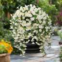 2Pcs Outdoor Faux Hanging Flowers Artificial Morning Glory with Eucalyptus Leaves UV Resistant Look Real Fake Plants for Outside Planter Porch Patio Balcony Yard Decor(White)