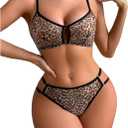 SHENHE Women's 2 Piece Sexy Leopard Lingerie Set Wireless Bra and Panty Thong Set Khaki Medium