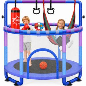 Yohood 55" Trampoline for Kids with Enclosure, 6-in-1 Toddler Trampoline Indoor Outdoor, Upgrade Full Anti-Rust Tube with Adjustable Gymnastics Bars for Boys Girls (Missing Half The Spring And Support Bar)