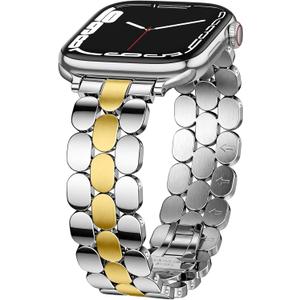 SNBLK Metal Band Compatible with Apple Watch Bands for Women 40mm 41mm 42mm 38mm 44mm 45mm 46mm 49mm, Stainless Steel Dressy Strap for iWatch Series 11 10 9 8 7 6 5 4 3 2 1 SE Ultra (Silver Gold - Shiny&Brushed)