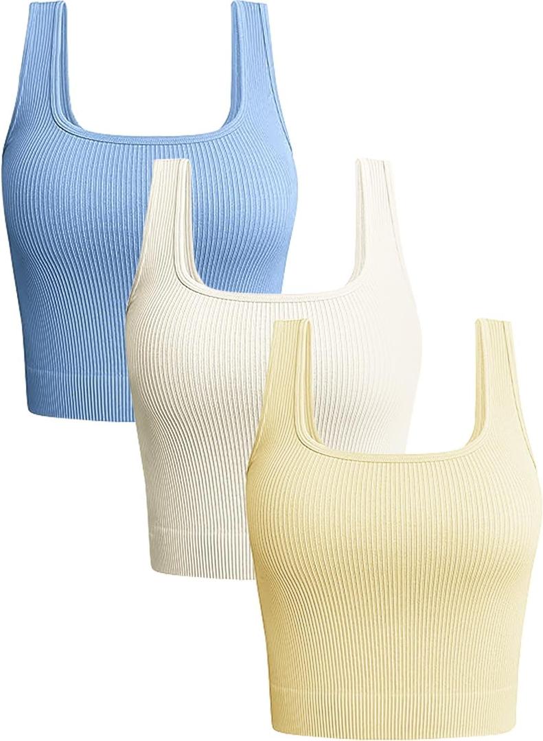 OLCHEE Womens 3 Pack Crop Tank Tops Basic Seamless Ribbed Sleeveless Square Neck Workout Top Summer Exercise Yoga Gym Shirts (Small, Blue + Beige + Yellow)