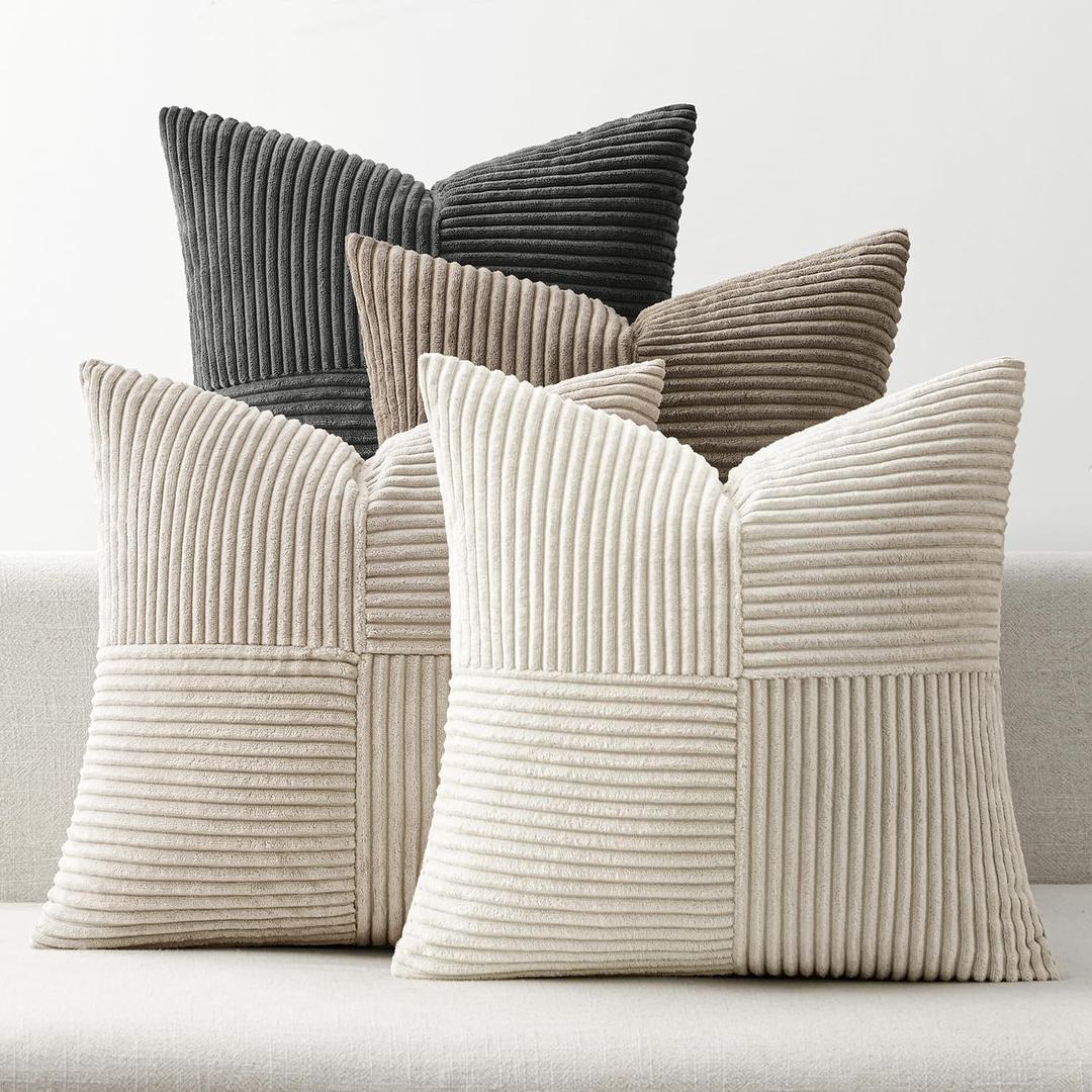 ANRODUO Pack of 4 Decorative Couch Throw Pillow Covers 22x22 Inch Neutral Gray Boho Cozy Soft Corduroy Cushion Covers Farmhouse Accent Pillowcases for Mid Century Modern Home Decor Sofa Living Room