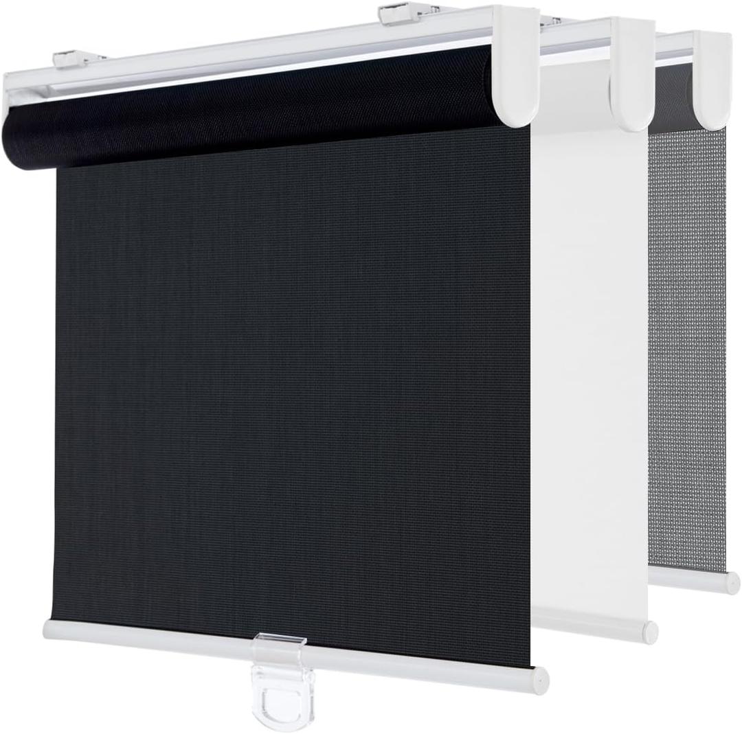 Cordless Roller Shades for Windows,Light Filtering Pull Down Blinds,Solar Screen Door Blinds,Flame Retardant UV Protection Fabric for Home Office (21" W x 72" H,Solar Black)