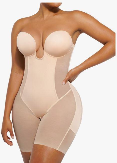 SHAPELLX Strapless Shapewear for Women Deep Plunge Corset Tummy Control Backless Bodysuit Mid Thigh Full Body Shaper Size 2XL