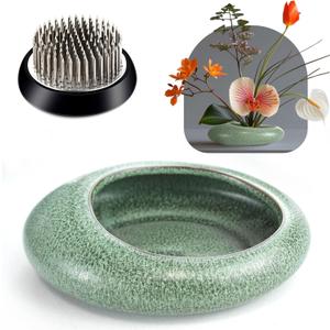 Flower Frog Vase Kit, Ikebana Flower Arrangement Ceramic Water Drop Flower Pot Flower Frog Flower Arrangement Vase Kit (Green Small Size)