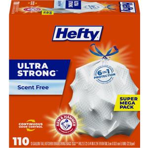Hefty Ultra Strong 13 Gallon Trash Bags, Tall Kitchen Trash Bags 13 Gallon Size, Drawstring Closure, Continuous Odor Control, White, Unscented, 110 Bags