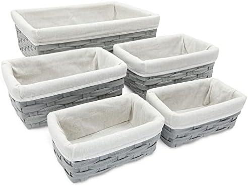 Juvale Wicker Nesting Baskets with Cloth Lining - 5-Pack Gray Rectangular Set - Stackable Storage Bins & Lined Baskets for Organizing Pantry, Closet