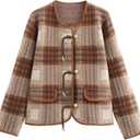 HOULENGS Women's Vintage Button Down Cardigan Sweater Plaid Print Long Sleeve Knit Coat Fall Fashion Outerwear with Pockets (XS)