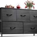 WLIVE Dresser for Bedroom with 5 Drawers, Wide Chest of Drawers, Fabric Dresser, Storage Organizer Unit with Fabric Bins for Closet, Living Room, Hallway, Charcoal Black Wood Grain Print