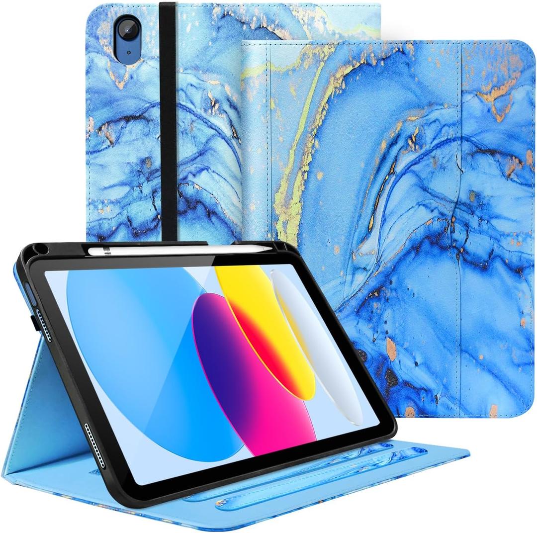 Case for iPad 11 inch (A16) 2025, for 10th Generation 10.9'' 2022, Leather iPad 11th/10 th Gen Protective Cover with Auto Sleep/Wake, Pencil Holder, Pocket Design for Women Men, Marble Blue