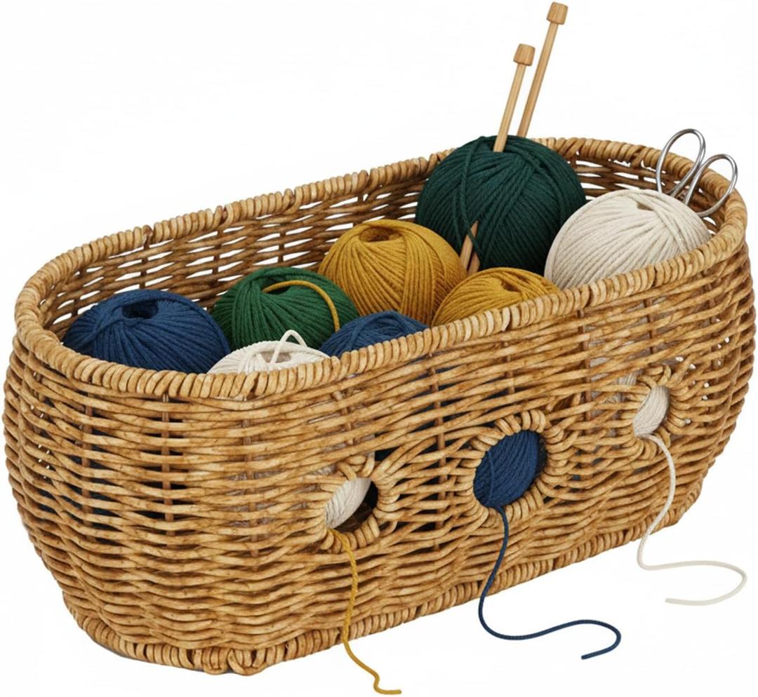 Xbopetda Yarn Bowl, Crochet Bowl with 6 Holes, Handmade Rattan Yarn Basket, Prevent Tangles Craft Knitting Organizer, Decorative Poly Basket Gift for Knitters & Crocheters, 11"x5.5"x4.5"