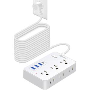 15 FT Extension Cord with Multiple Outlets, Asamoom 15 ft Surge Protector Power Strip with 6 Outlets with 4 USB Ports(1 USB C)Flat Plug with Long Cord 1700 Joules Protection for Home Office White