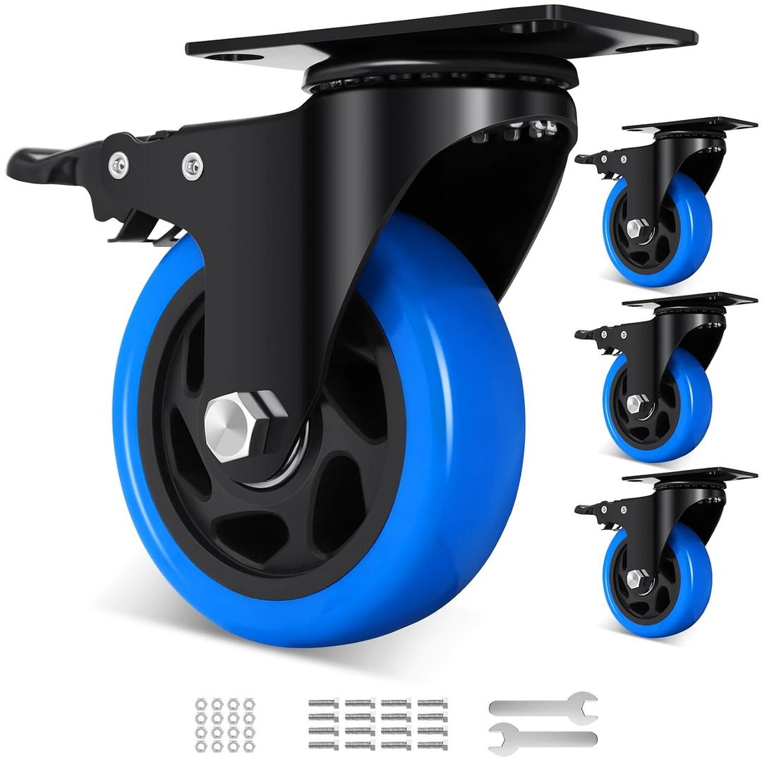 4 Inch Swivel Casters Set of 4, 1800 Lbs Heavy Duty Caster Wheels, Dual-Locking Castors with Brake, No Noise Top Plate Wheels for Furniture, Workbench and Carts (Free Hardware Kits)