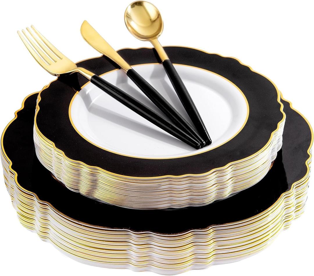WDF 30Guest Black and Gold Plastic Plates - New Year Plates - Gold Plastic Silverware With Black Handle Baroque Black and Gold Disposable Dinnerware for Graduation Wedding Party Birthday (10.5 inch)