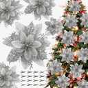 16 PCS Poinsettia Flower Artificial Poinsettia Christmas Decorations Glitter Poinsettias Christmas Ornaments Christmas Tree Flower Decorations with Clips DIY Xmas Wreath Holiday Weed Home Party Decor, Silver