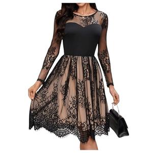 Floerns Women's Elegant Overlay Mesh Long Sleeve Scallop Hem Party A Line Dress Black Medium