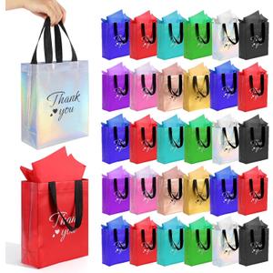 60 Pcs Reusable Gift Bags with Handles Set (10 x 8 x 4 Inch), Include 30 Thank You Bag & Tissue Paper, Medium Colorful Gift Bag Bulk for Birthday, Baby Shower, Bridal Shower, Wedding, Party & Events