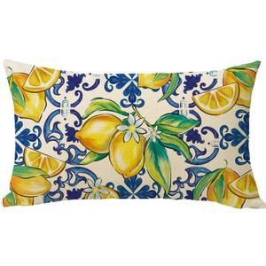 Lemon Italy Tile Lumbar Decorative Throw Pillow Cover 12 x 20, Rectangular Amalfi Coast Italian Capri Citrus Outdoor Home Decor, Summer Mediterranean Farmhouse Sofa Couch Cushion Case