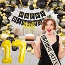 17th Birthday Decoration for Girls Black and Gold Birthday Party Balloon Decoration Set Happy Birthday Banner Crown Birthday Strap Confetti Balloons Birthday Party(17th)