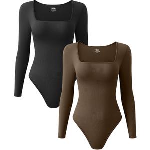 OQQ Women's 2 Piece Bodysuits Sexy Ribbed One Piece Square Neck Long Sleeve Tops (Large, Black Coffee)