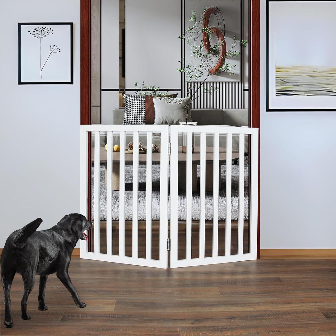ZJSF Freestanding Indoor Dog Gate for House Foldable Wood White Puppy Gate for Doorways Pet Gate for Stairs Extra Wide Pet Fence 32" Height 2 Panels, White  