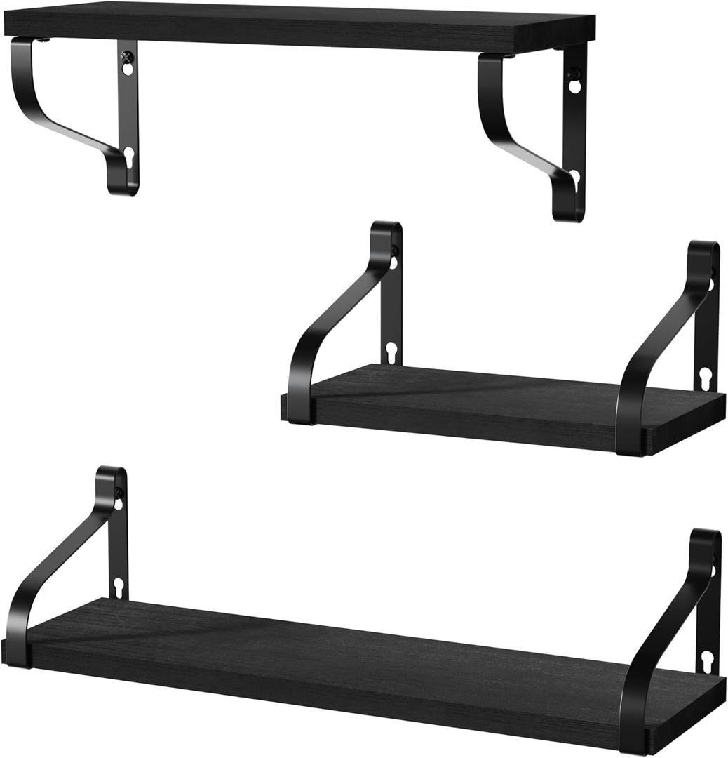 Love-KANKEI Floating Shelves Wall Mounted Rustic Wood Wall Shelves Set of 3 for Bedroom Living Room Bathroom Kitchen Black (Medium)