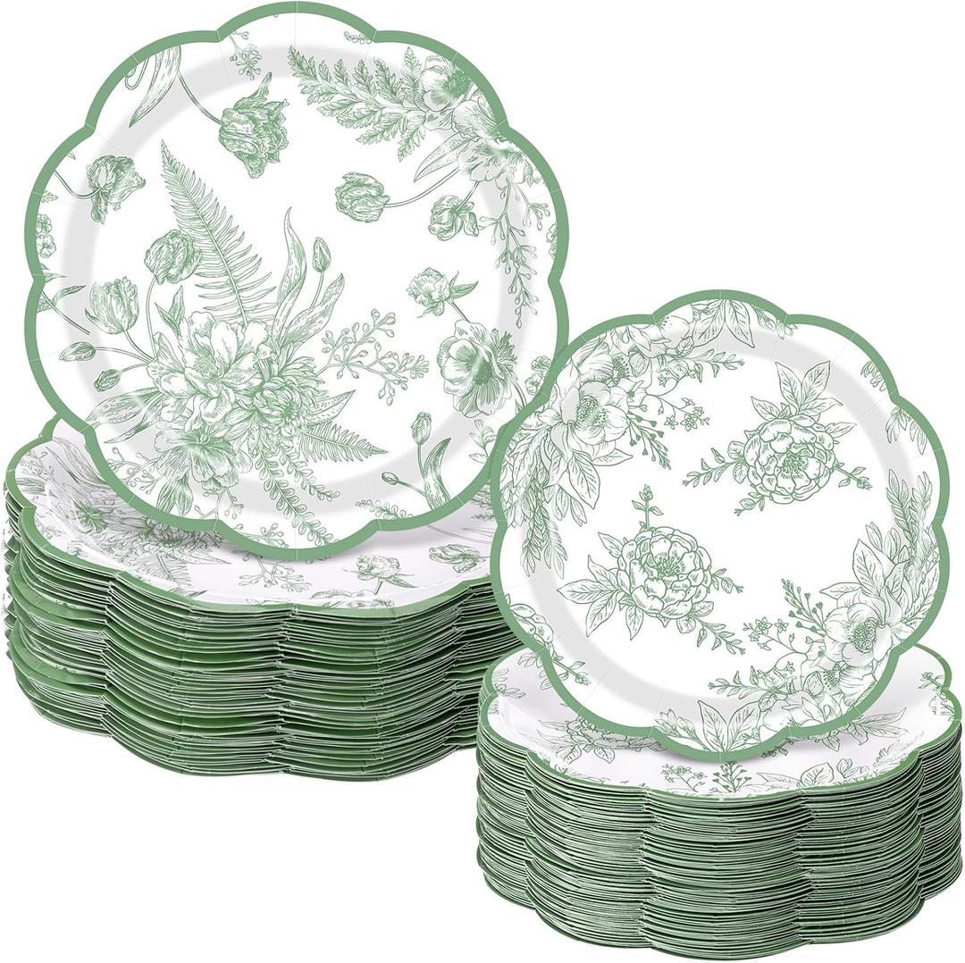 Mumufy 100 Pack Sage Green Floral Paper Plates 9" & 7" Vintage Disposable Wildflower Dessert Plates Green Toile Flower Dinner Tableware for Wedding Birthday Bridal Garden Spring Tea Party Supplies