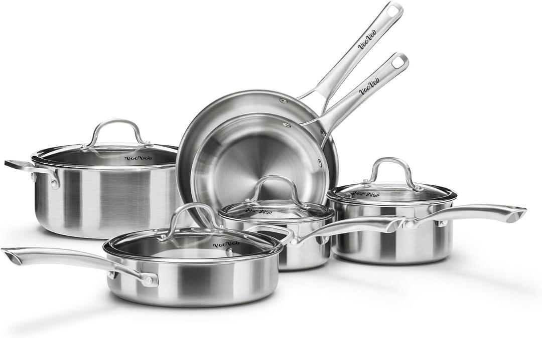 Stainless Steel Cookware Set,Tir-Ply Pots and Pans Set,10 Pcs Stainless Steel Induction Kitchen Cookware Sets,PFOA Free, Frying Pans, Butter warmer,Saute Pan & Stock Pot,Compatible with All Cooktops