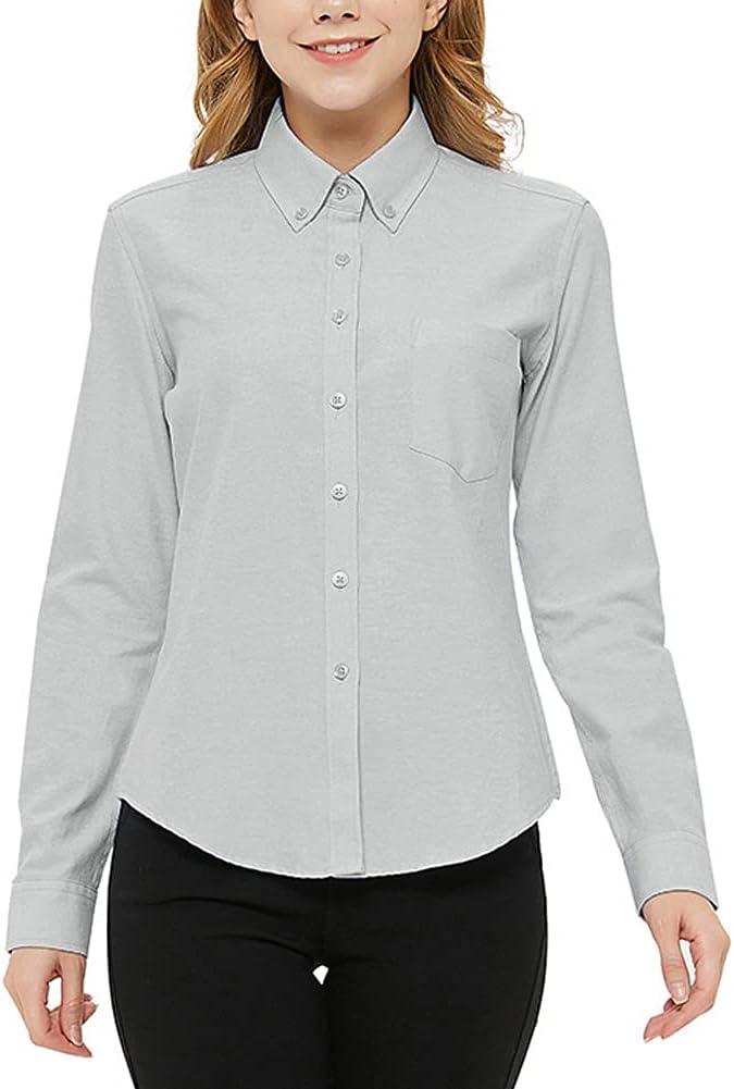 Button Up Shirt Women Long Sleeve Oxford Shirt Classic-Fit Cotton Work Blouse Wrinkle Resistant (Gray, XXL)