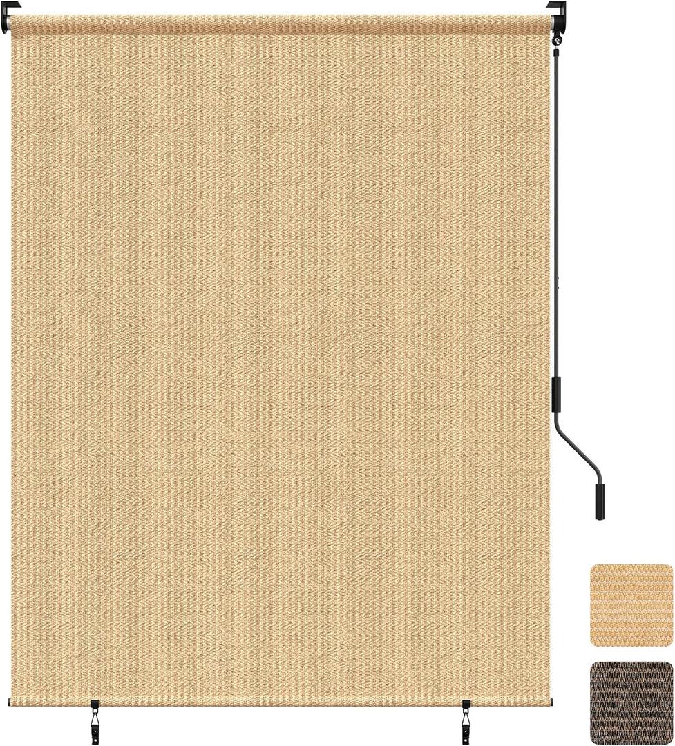 Grandekor Outdoor Roller Shade,8' W x 8' H,Patio Roll Up Shade Cordless,Outdoor Privacy Screen with 220GSM HDPE Aluminum,Wand Operation,Exterior Roller Shade Cloth for Porch Gazebo Backyard,Khaki, 96"W x 96"H