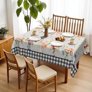 Spring Farmhouse Floral Flower Buffalo Check Polyester Rectangle Tablecloth Table Cloth Waterproof Wipeable Wrinkle Free Oblong Tablecloth for Kitchen Dining Patio, 60 x 84 Inch, Multicolor