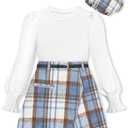 AGAPENG Girl Skirt Sets Smocked Cuffed Fall Outfits Puff Sleeve Tops Plaid Skirt Shorts Adjustable Belt Winter Clothes (7-8 Years, White and Blue Plaid)