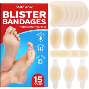 Komoko Blister Bandages for Feet (15 Count), Waterproof Hydrocolloid Blister Bandages, Ultra-Thin Adhesive Blister Pads, Blister Band Aid for Fingers, Toes, Forefoot, Heel Blister Prevention