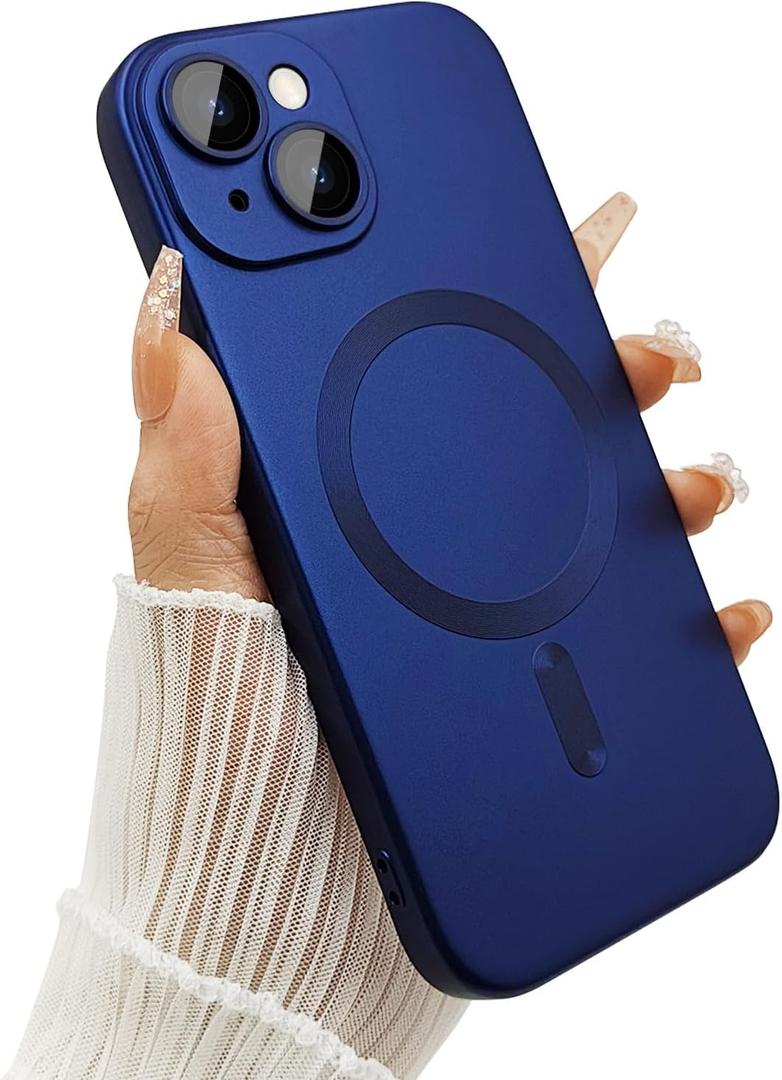 ankofave Magnetic Case for iPhone 15 Phone Case for Women, Matte Luxury Soft Metallic Luster Design with Camera Lens Protector, Compatible with Magsafe Case for iPhone 15 6.1"-Dark Blue