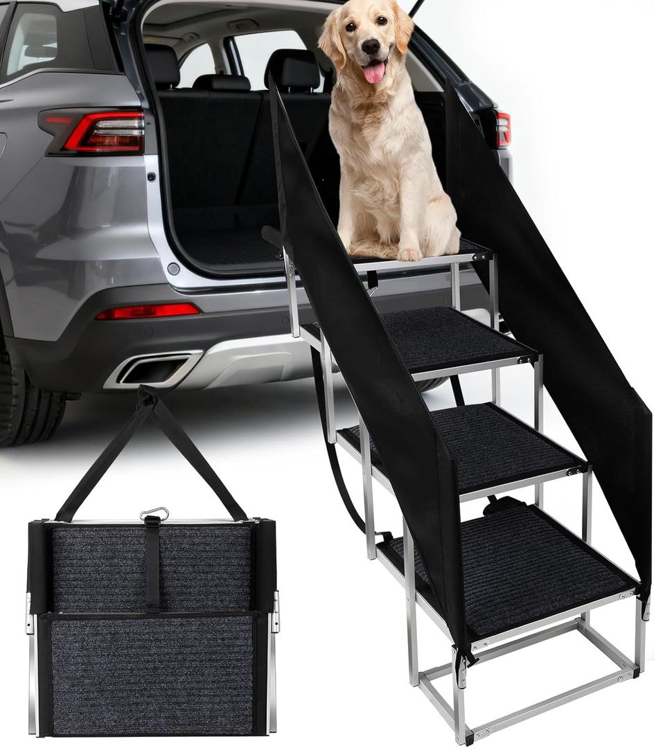 Dog Stairs with Guardrail for Large Dogs Extra Wide 20 Inch Step, 34 Inch 4 Step Non Slip Surface, Supports up to 230 lbs Designed for Oversized SUVs, Off Road Vehicles, and Pickup Trucks- Felt