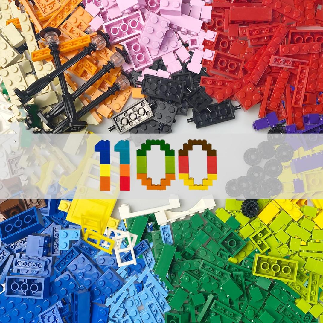 1100 Pieces Building Blocks, Compatible with All Major Brands, Classic Bulk Blocks, Includes Wheels, Door, Window, Street Lights (Multicolored)