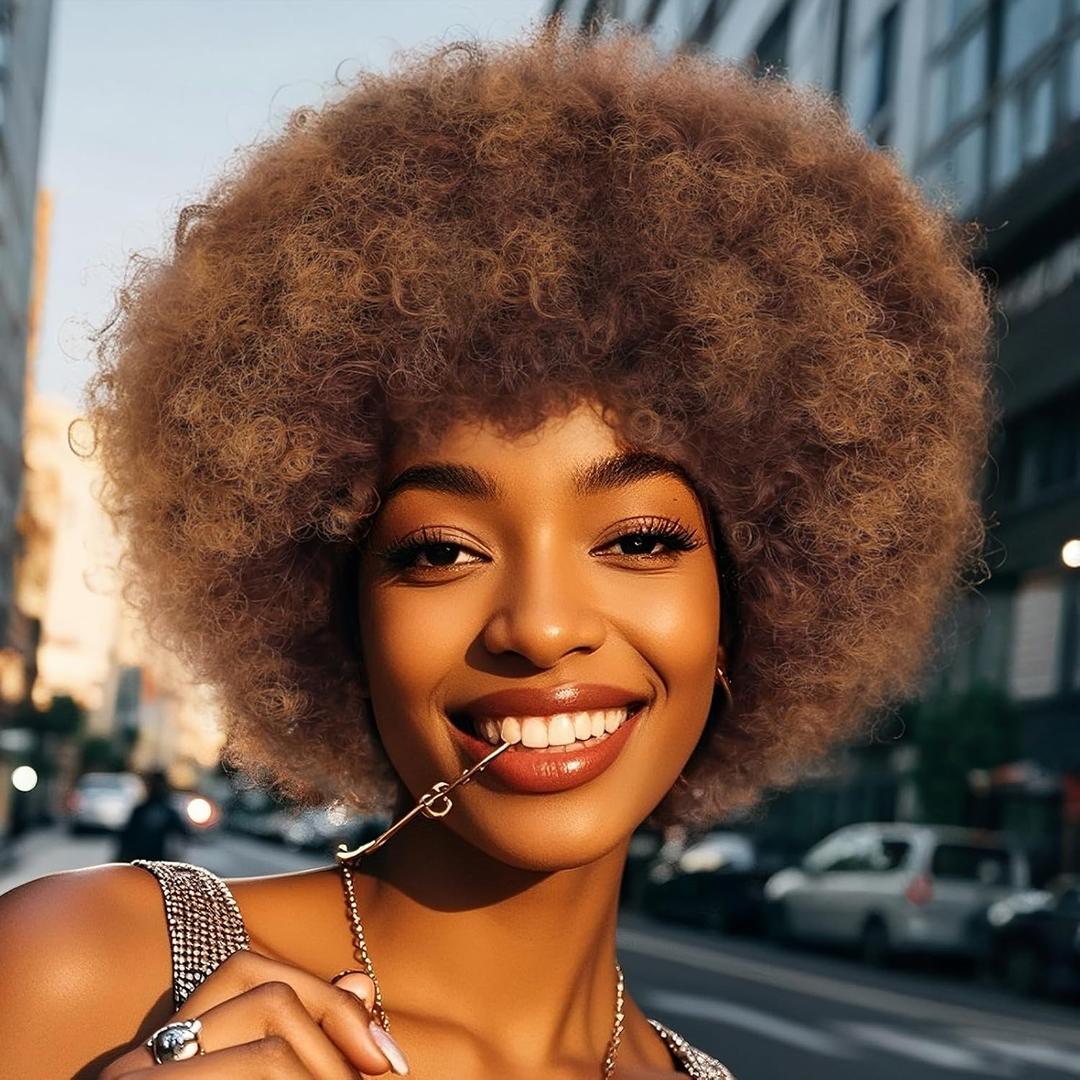 GKtineke Short Afro Wig 8 Inch Afro Wigs for Black Women 70s Kinky Curly Wig Fluffy Bouncy Puff Synthetic Hair for Daily and Party (Mixed Brown)