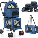 PETSITE Double Dog Stroller, Foldable 3-in-1 Cat Stroller with 2 Detachable Carriers, Safety Belt, Washable Cover, Removable Pads, 4 Wheels Travel Pet Stroller for Small Medium Dogs Cats (Blue)