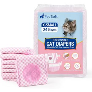 Pet Soft Disposable Cat Diapers for Female & Male Cats, Puppy Doggie Diapers for Female Dogs with Adjustable Foam Tail Hole, 24pcs XSmall (X-Small (24Pcs, PK Plaid))