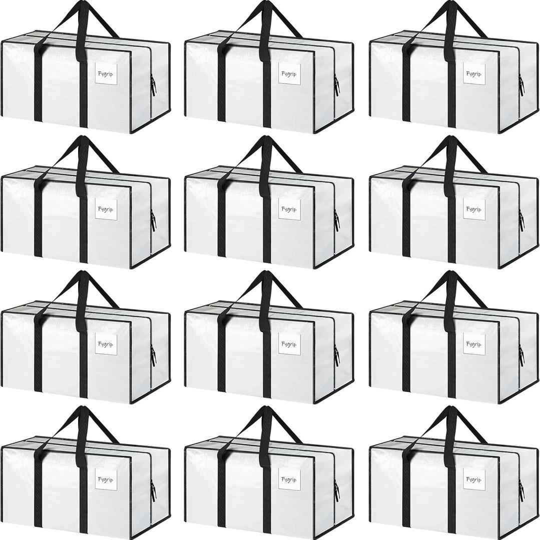 12 Pack Extra Heavy Duty Large Moving Bags with Strong Zipper & Comfortable Handles, Sturdy & Durable Clothes Storage Bags Totes Bins, Packing Moving Boxes for College Supplies, White