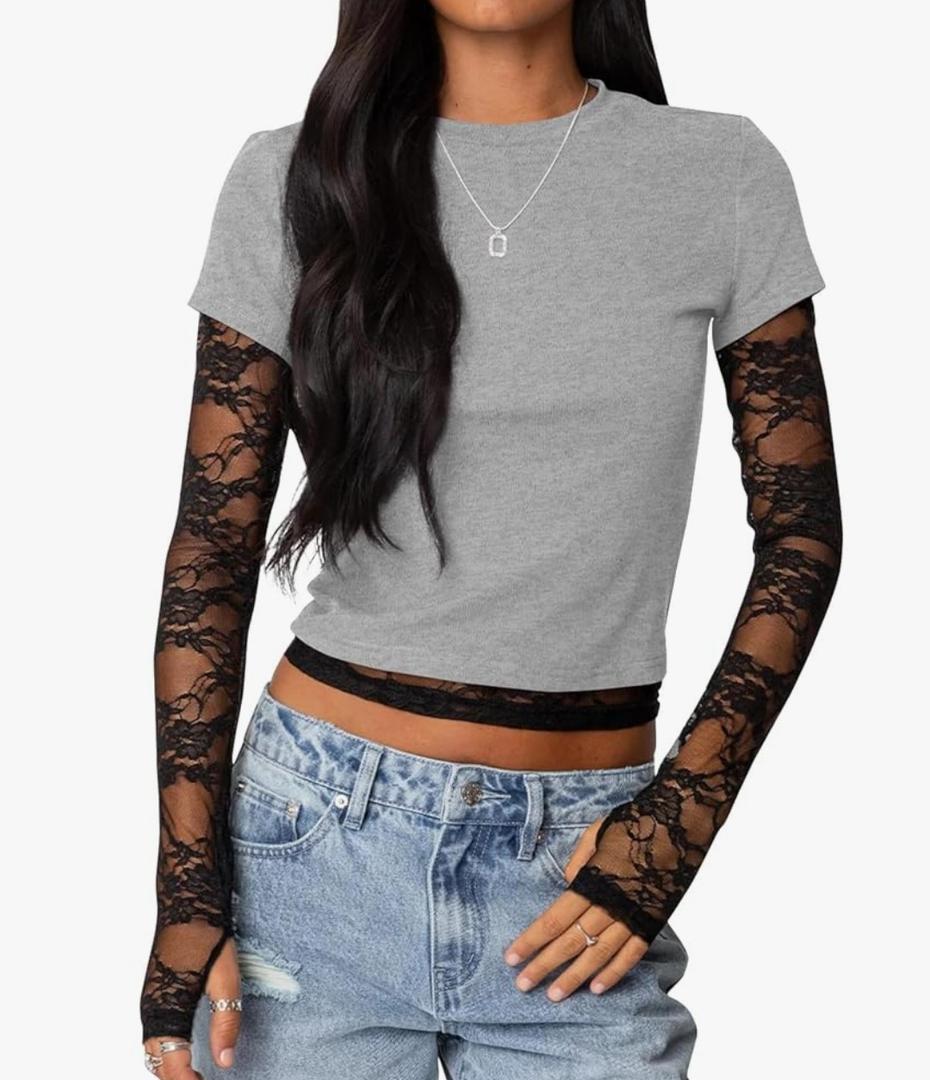 KIGRAD Womens Y2k Girls Sheer Mesh Lace Patchwork Layered Long Sleeve Crop Tops Crewneck Layering Lace Going Out Shirts L, Gray