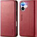 TUCCH Case Wallet for iPhone 16, PU Leather Flip Stand Folio Cover with [RFID Blocking] [3 Credit Card Slot] Shockproof [Soft TPU Interior Shell] Compatible with iPhone 16 2024, Dark Red